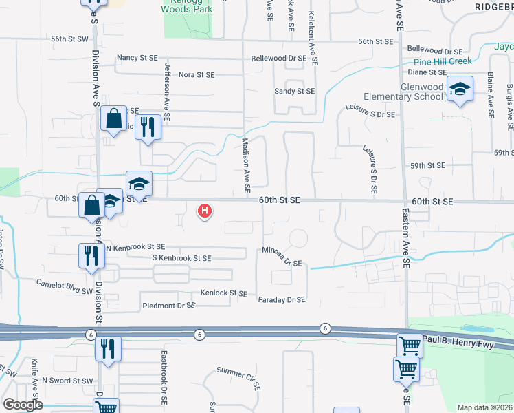 map of restaurants, bars, coffee shops, grocery stores, and more near 402 60th Street Southeast in Kentwood