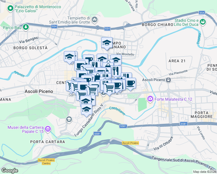 map of restaurants, bars, coffee shops, grocery stores, and more near 257 Corso Giuseppe Mazzini in Ascoli Piceno