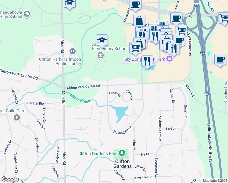 map of restaurants, bars, coffee shops, grocery stores, and more near 2 Hollandale Ln in Clifton Park