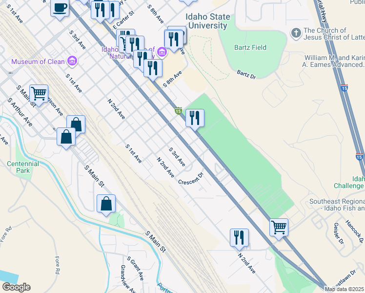 map of restaurants, bars, coffee shops, grocery stores, and more near 447 Lawton Street in Pocatello