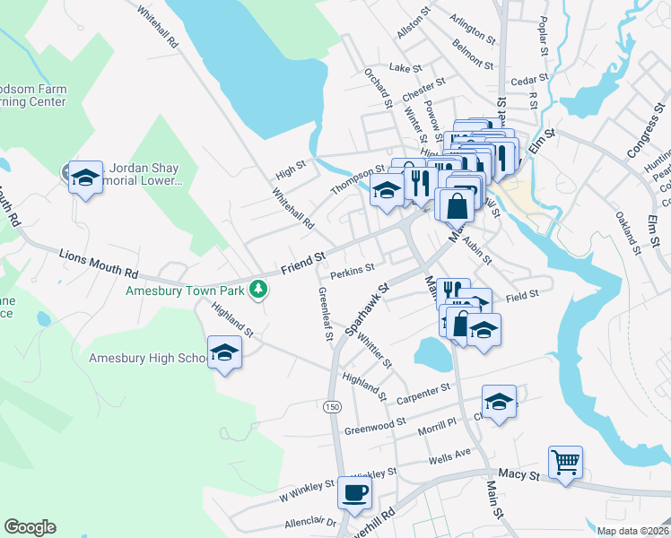 map of restaurants, bars, coffee shops, grocery stores, and more near 112 Greenleaf Street in Amesbury