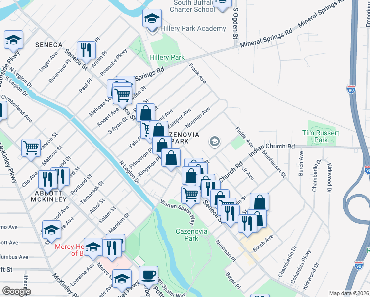 map of restaurants, bars, coffee shops, grocery stores, and more near 42 Zittel Street in Buffalo
