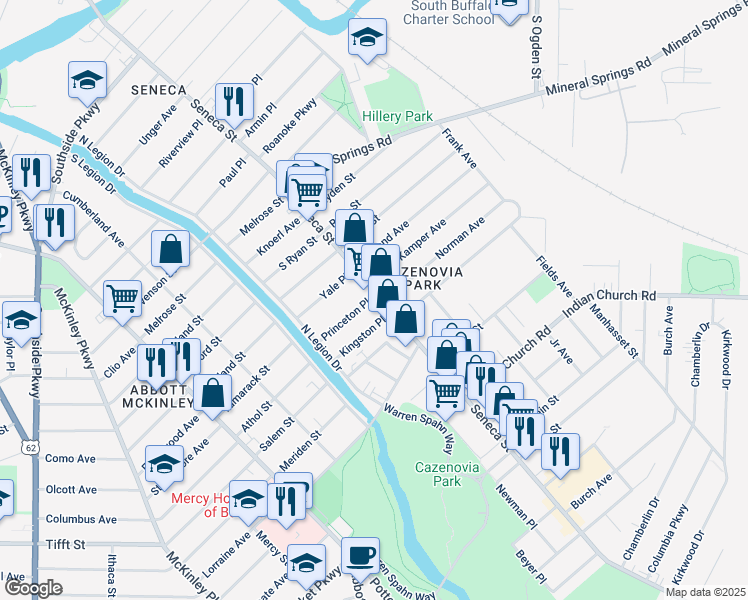 map of restaurants, bars, coffee shops, grocery stores, and more near 6 Norman Avenue in Buffalo