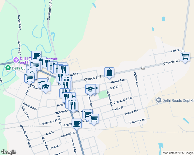 map of restaurants, bars, coffee shops, grocery stores, and more near 162 Church Street East in Delhi