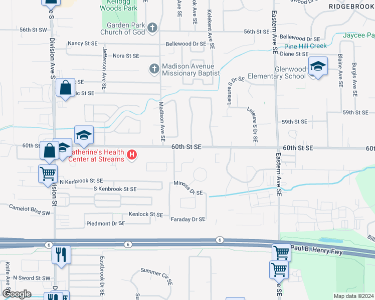 map of restaurants, bars, coffee shops, grocery stores, and more near 484 60th Street Southeast in Kentwood