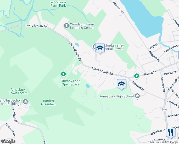 map of restaurants, bars, coffee shops, grocery stores, and more near 1 Jordan Lane in Amesbury