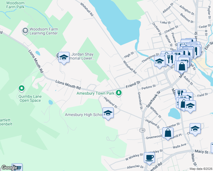 map of restaurants, bars, coffee shops, grocery stores, and more near 8 Carriage Hill Road in Amesbury