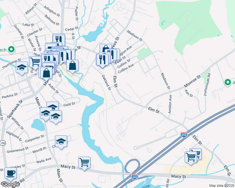map of restaurants, bars, coffee shops, grocery stores, and more near 173 Elm Street in Amesbury