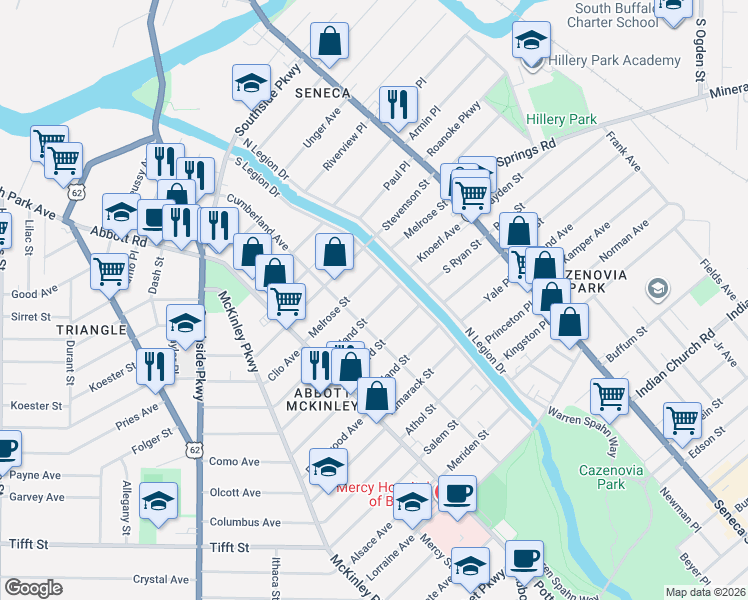 map of restaurants, bars, coffee shops, grocery stores, and more near 102 Rutland Street in Buffalo
