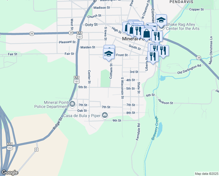 map of restaurants, bars, coffee shops, grocery stores, and more near 321 5th Street in Mineral Point