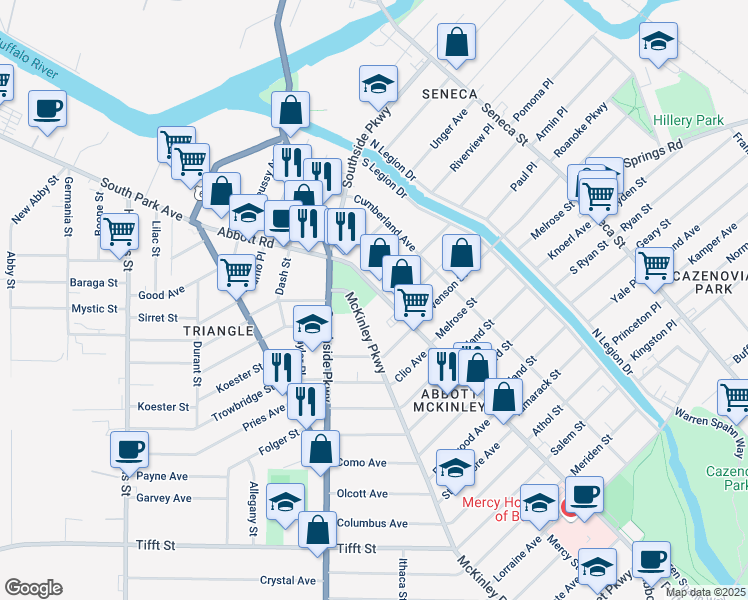 map of restaurants, bars, coffee shops, grocery stores, and more near 227 Abbott Road in Buffalo