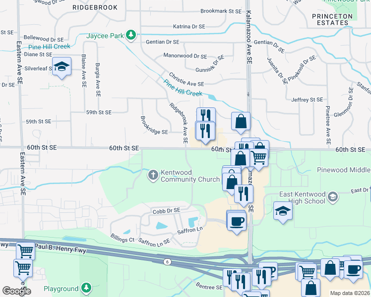map of restaurants, bars, coffee shops, grocery stores, and more near 60th St SE & Ridgebrook Dr SE in Kentwood