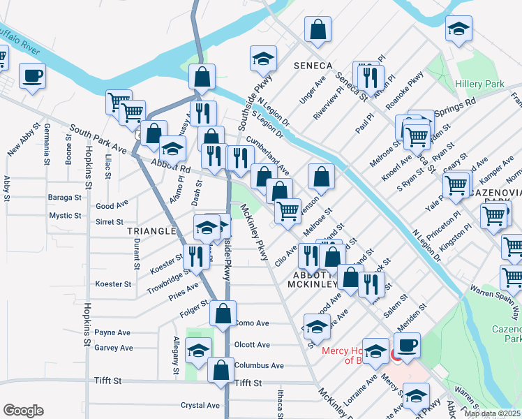 map of restaurants, bars, coffee shops, grocery stores, and more near 227 Abbott Road in Buffalo
