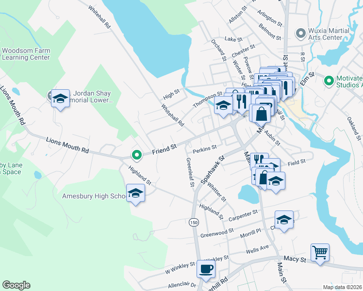 map of restaurants, bars, coffee shops, grocery stores, and more near 120 Friend Street in Amesbury