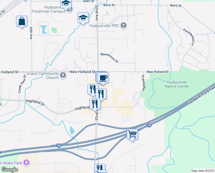 map of restaurants, bars, coffee shops, grocery stores, and more near 3146 Shooks Drive in Hudsonville