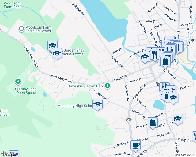 map of restaurants, bars, coffee shops, grocery stores, and more near 8 Carriage Hill Road in Amesbury