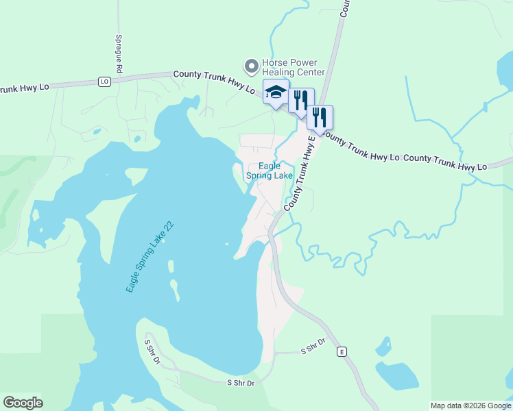 map of restaurants, bars, coffee shops, grocery stores, and more near W345S10411 Wambold Road in Mukwonago