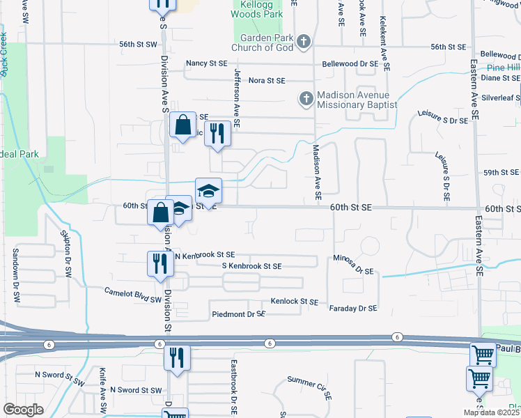 map of restaurants, bars, coffee shops, grocery stores, and more near 6085 In the Pines Drive Southeast in Grand Rapids