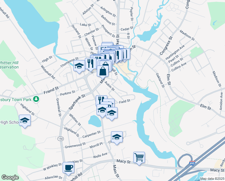 map of restaurants, bars, coffee shops, grocery stores, and more near 17 Aubin Street in Amesbury