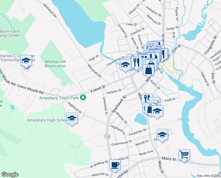 map of restaurants, bars, coffee shops, grocery stores, and more near 5 Ellis Court in Amesbury