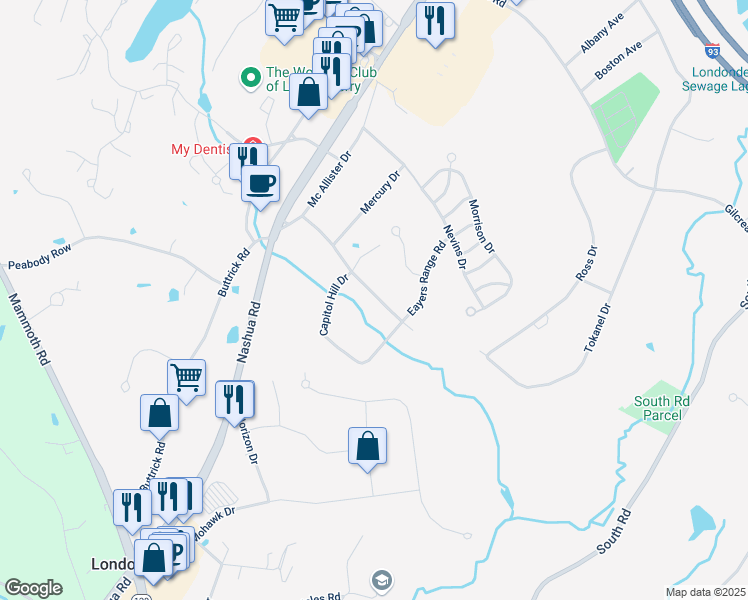 map of restaurants, bars, coffee shops, grocery stores, and more near 70E Constitution Drive in Londonderry