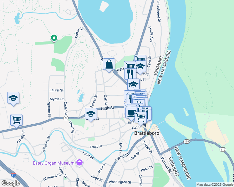 map of restaurants, bars, coffee shops, grocery stores, and more near 45 Grove Street in Brattleboro