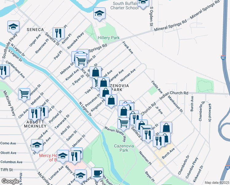 map of restaurants, bars, coffee shops, grocery stores, and more near 42 Zittel Street in Buffalo