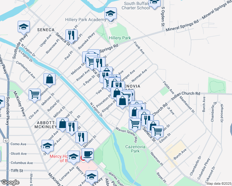 map of restaurants, bars, coffee shops, grocery stores, and more near 6 Norman Avenue in Buffalo