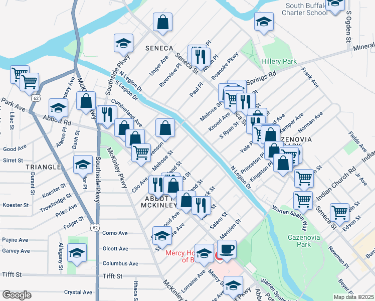 map of restaurants, bars, coffee shops, grocery stores, and more near 102 Rutland Street in Buffalo