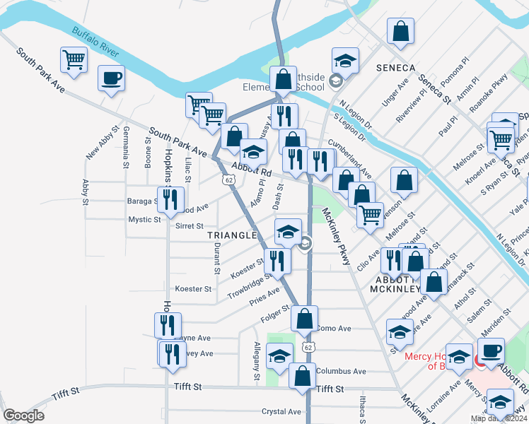 map of restaurants, bars, coffee shops, grocery stores, and more near 21 Alamo Place in Buffalo
