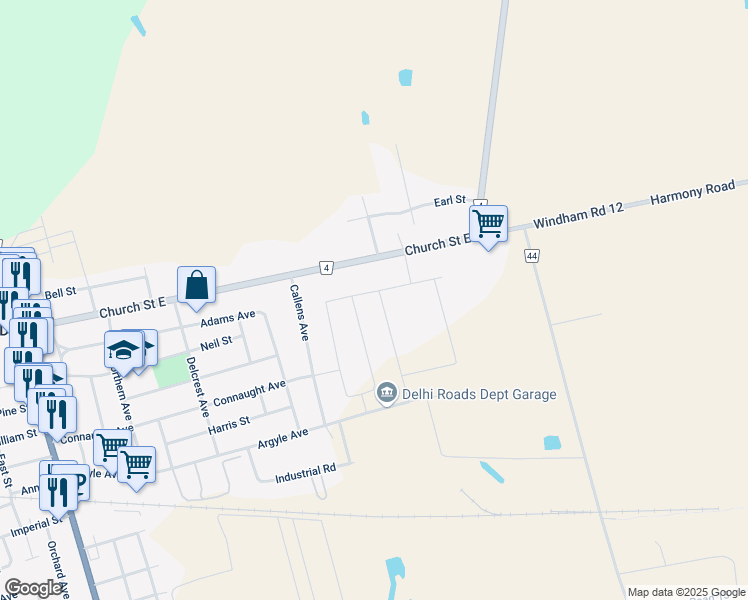 map of restaurants, bars, coffee shops, grocery stores, and more near 319 Courtland Street in Delhi
