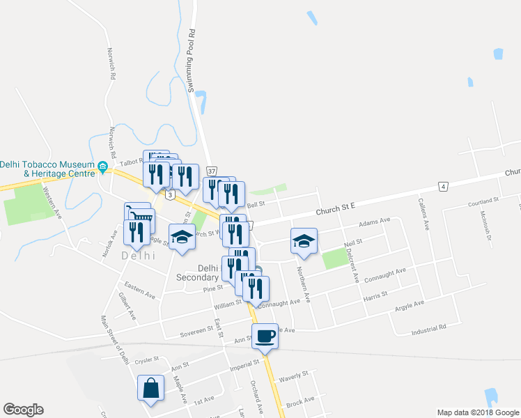map of restaurants, bars, coffee shops, grocery stores, and more near 58 Bell Street in Delhi