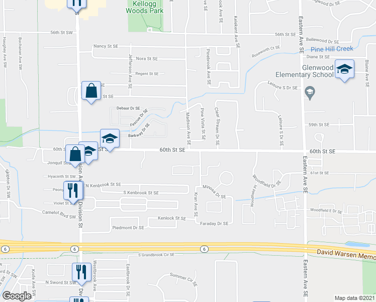 map of restaurants, bars, coffee shops, grocery stores, and more near 402 60th Street Southeast in Kentwood