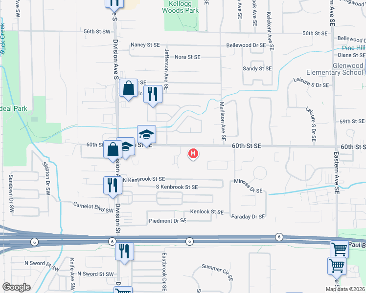 map of restaurants, bars, coffee shops, grocery stores, and more near 6067 In the Pines Drive Southeast in Grand Rapids