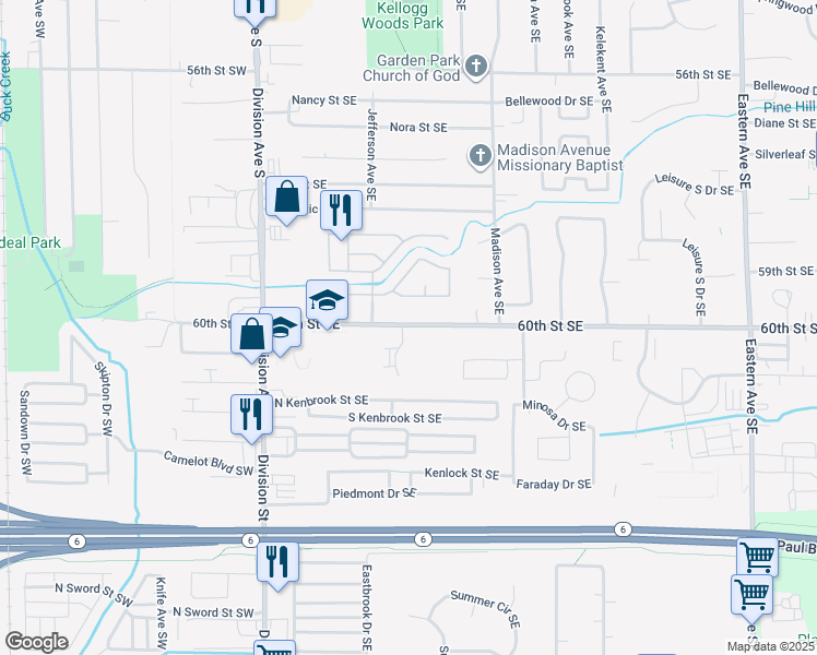 map of restaurants, bars, coffee shops, grocery stores, and more near 6065 In the Pines Drive Southeast in Grand Rapids