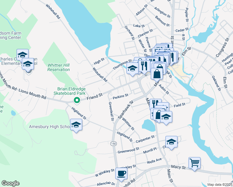 map of restaurants, bars, coffee shops, grocery stores, and more near 106 Friend Street in Amesbury