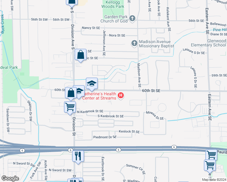 map of restaurants, bars, coffee shops, grocery stores, and more near 6054 In the Pines Dr SE in Grand Rapids
