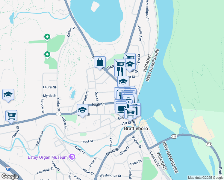 map of restaurants, bars, coffee shops, grocery stores, and more near 45 Grove Street in Brattleboro