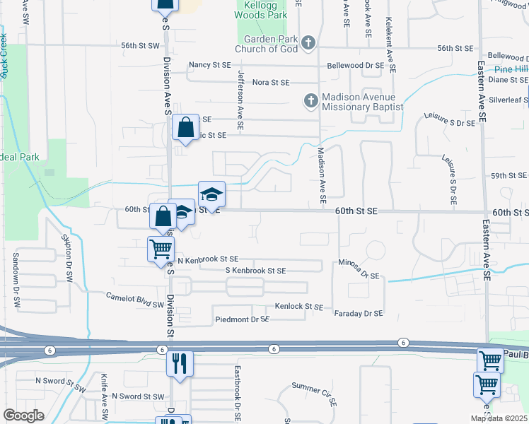 map of restaurants, bars, coffee shops, grocery stores, and more near 6055 In the Pines Drive Southeast in Grand Rapids