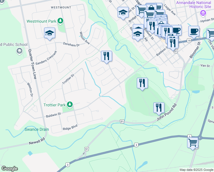 map of restaurants, bars, coffee shops, grocery stores, and more near 21 Seres Drive in Tillsonburg