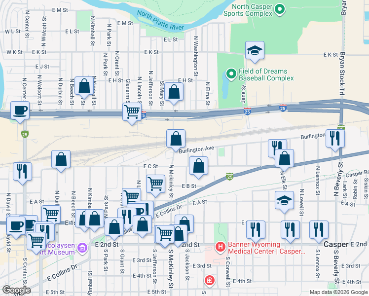 map of restaurants, bars, coffee shops, grocery stores, and more near 1000-1098 Burlington Ave in Casper