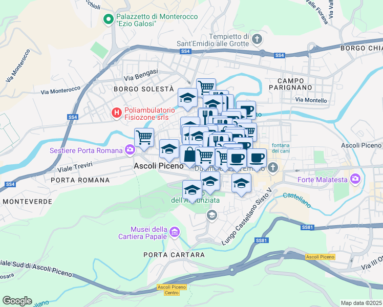 map of restaurants, bars, coffee shops, grocery stores, and more near 71 Corso Giuseppe Mazzini in Ascoli Piceno