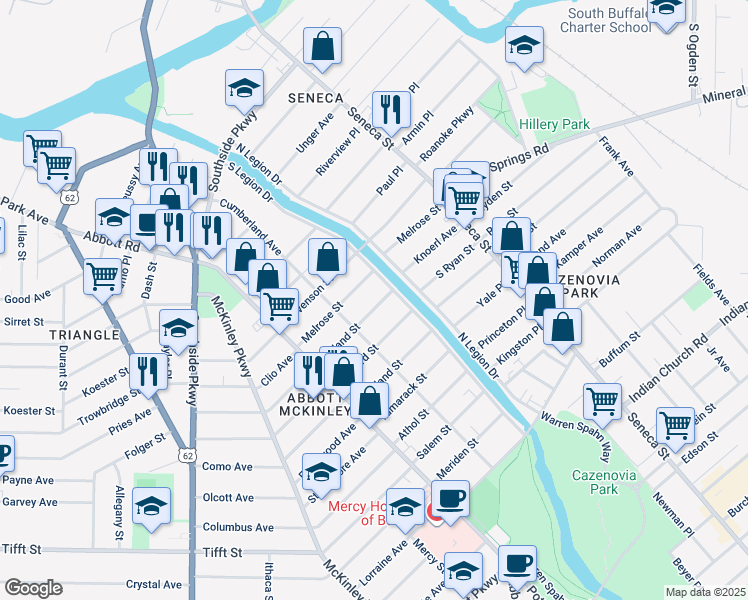 map of restaurants, bars, coffee shops, grocery stores, and more near 102 Rutland Street in Buffalo