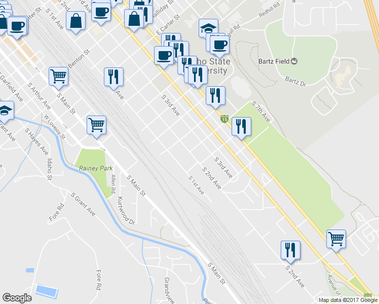 map of restaurants, bars, coffee shops, grocery stores, and more near 1400 North 2nd Avenue in Pocatello