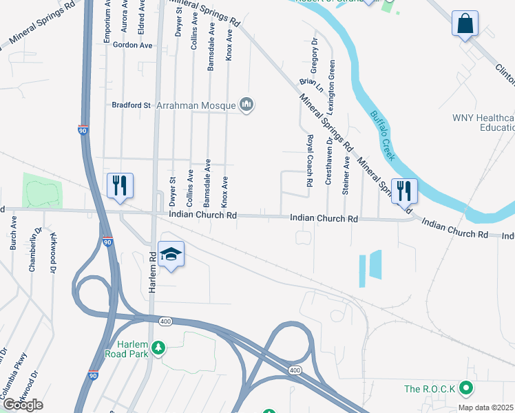 map of restaurants, bars, coffee shops, grocery stores, and more near 676 Indian Church Road in Buffalo