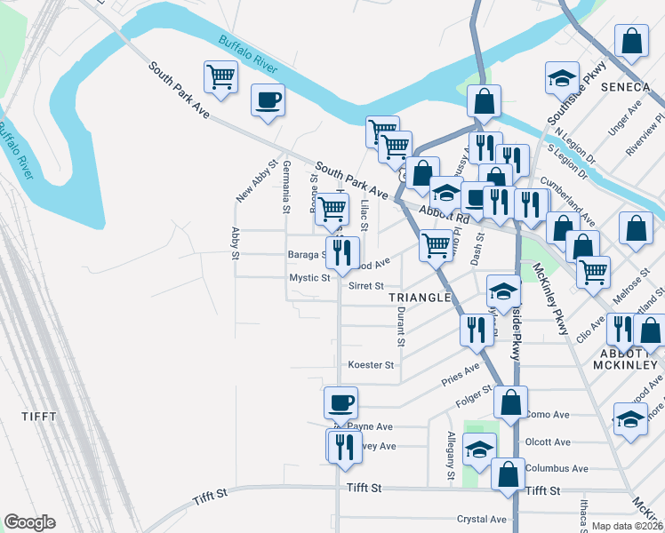map of restaurants, bars, coffee shops, grocery stores, and more near 640 Hopkins Street in Buffalo