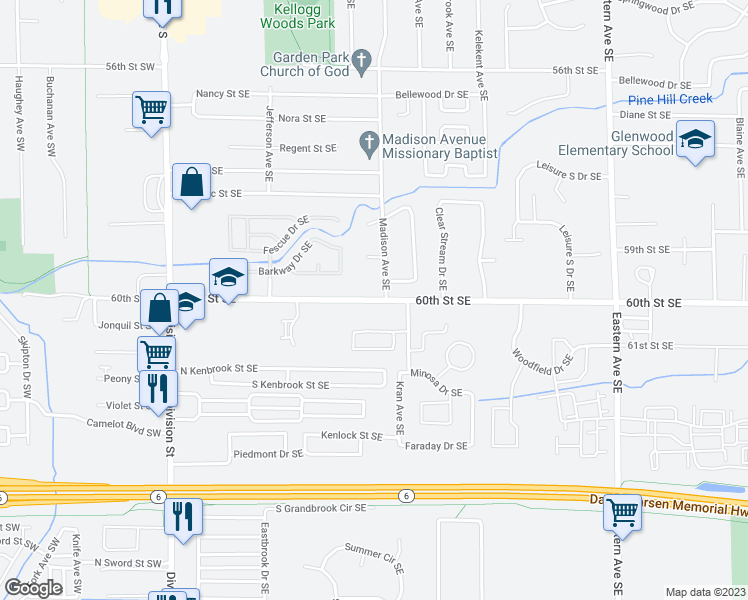 map of restaurants, bars, coffee shops, grocery stores, and more near 384 60th Street Southeast in Kentwood