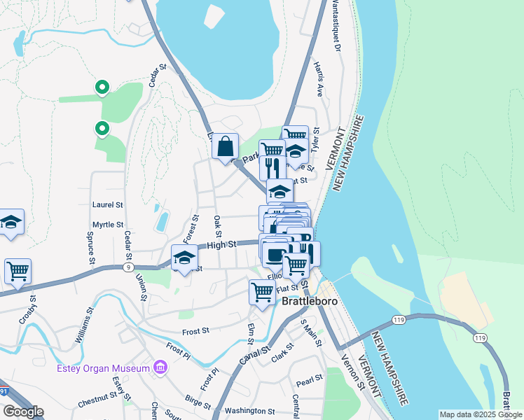 map of restaurants, bars, coffee shops, grocery stores, and more near 45 Grove Street in Brattleboro