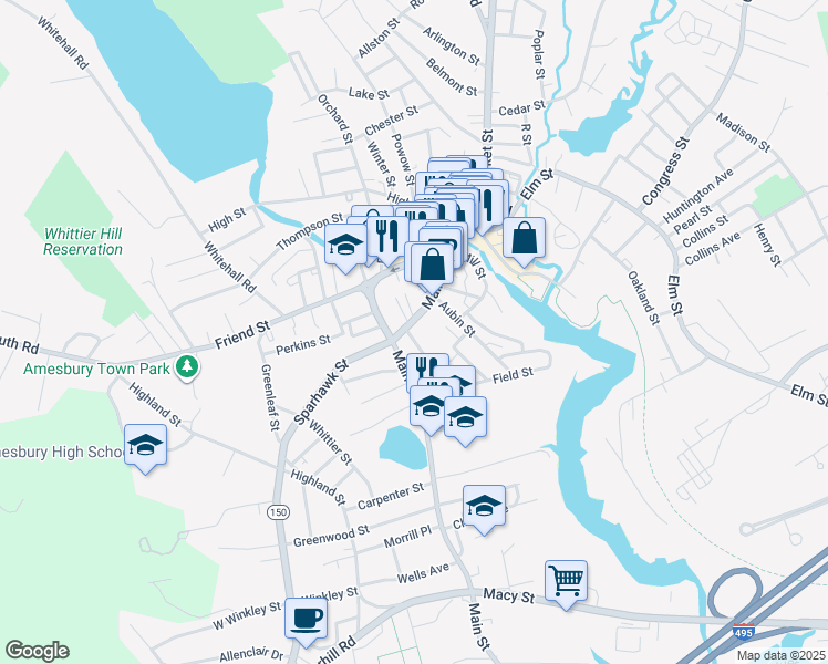 map of restaurants, bars, coffee shops, grocery stores, and more near 140 Main Street in Amesbury
