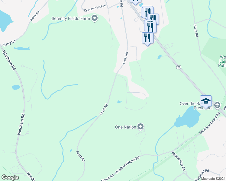 map of restaurants, bars, coffee shops, grocery stores, and more near 40A Frost Road in Derry